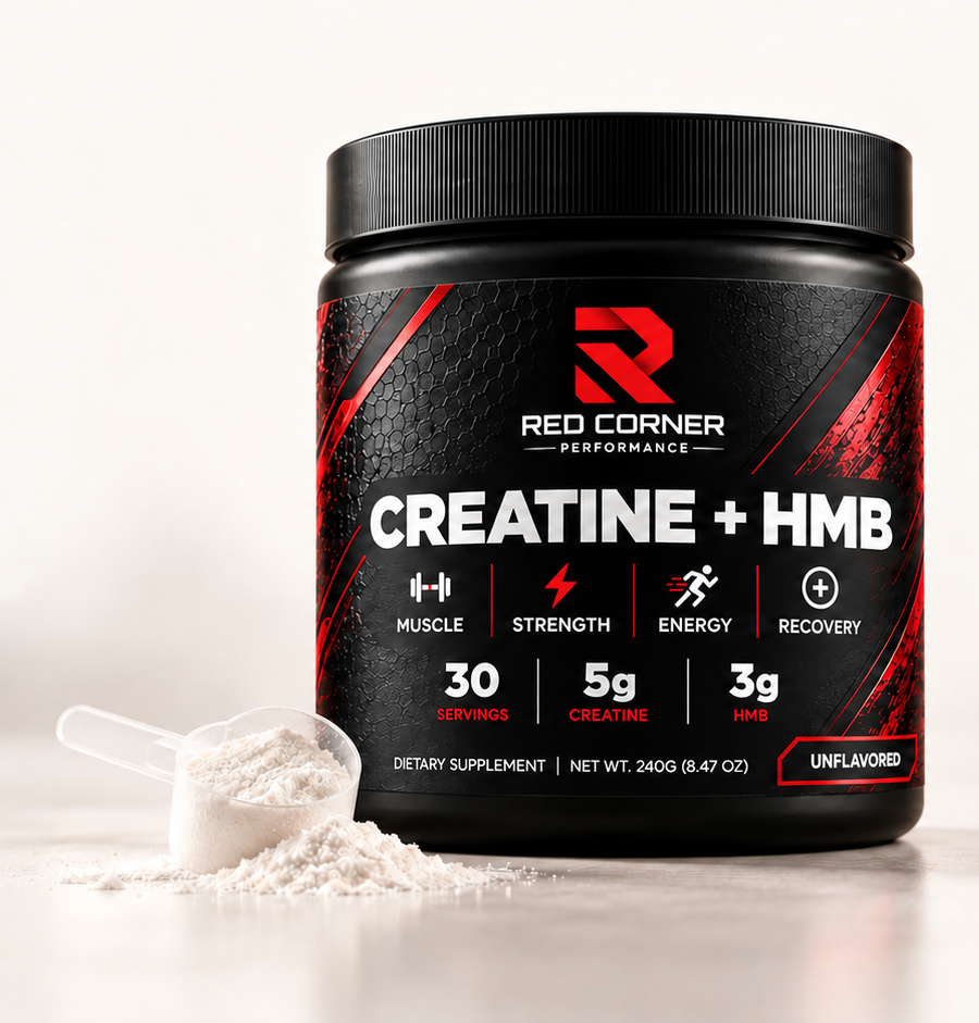 Provisional Red Corner Performance Creatine and HMB product packaging render
