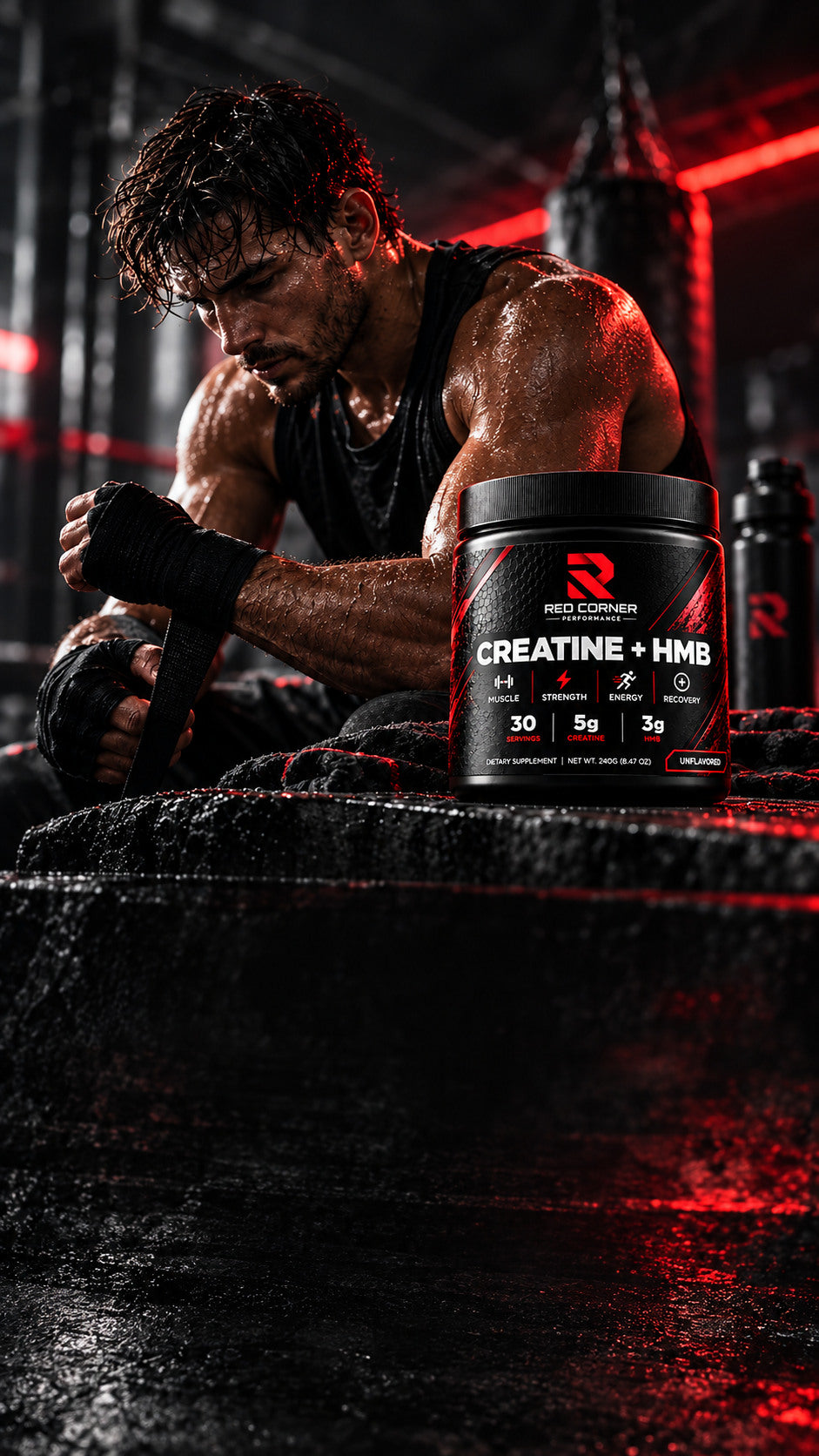Red Corner Performance mobile hero with athlete and Creatine + HMB tub with running-person ENERGY icon